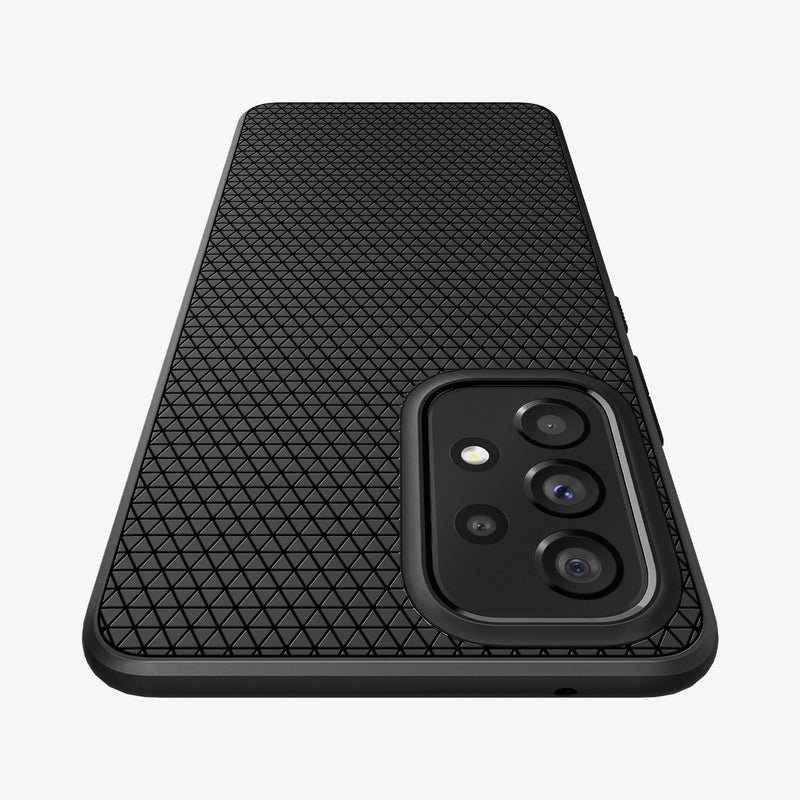 ACS04258 - Galaxy A53 5G Case Liquid Air in Matte Black showing the back of an upside down case, showing top zoomed in on a flat surface