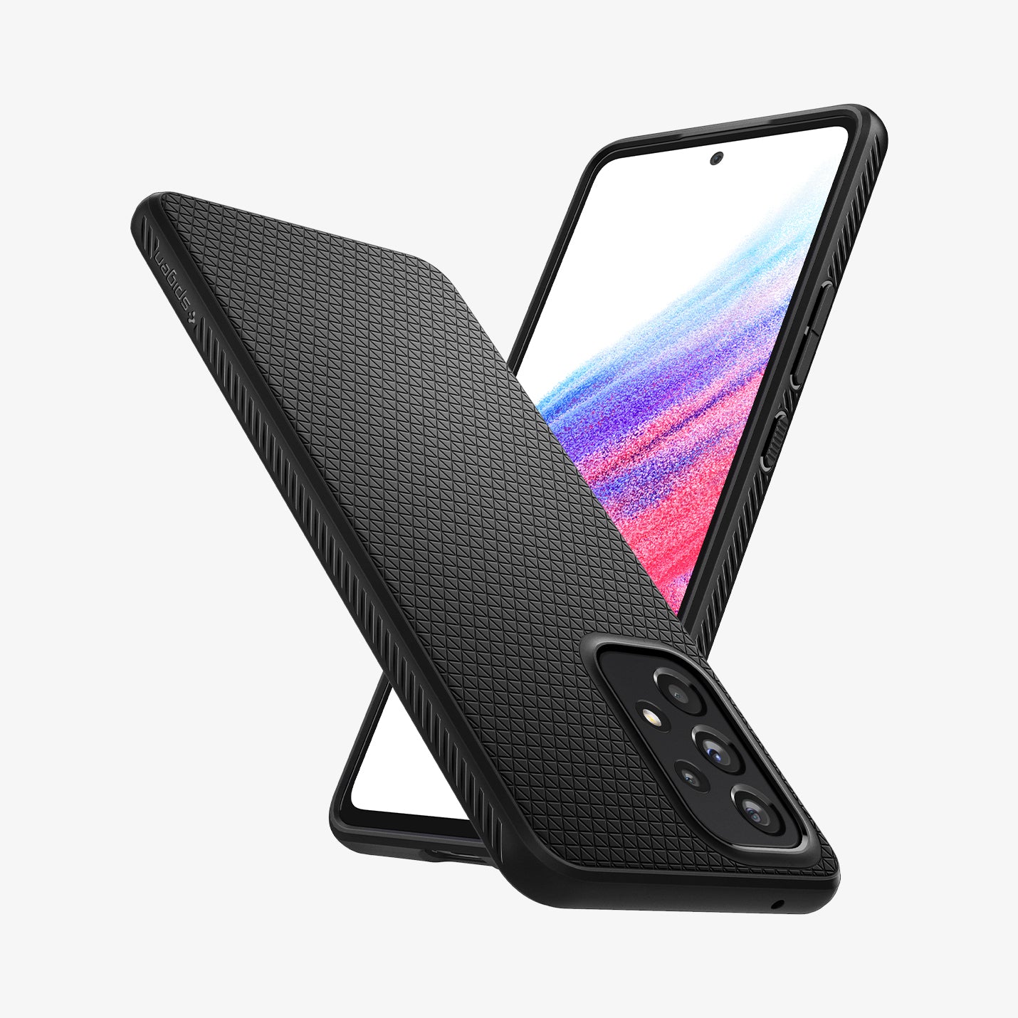 ACS04258 - Galaxy A53 5G Case Liquid Air in Matte Black showing the back, partial side and top of an upside down device next to it is a device showing front and partial side