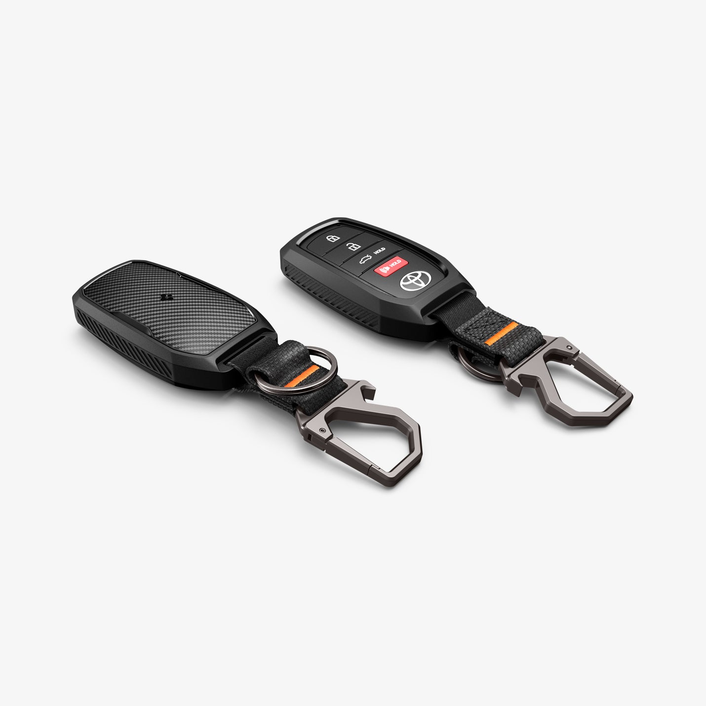 ACS11366 - Toyota Key Fob Cover | TK100 showing two key fob covers side by side with Toyota key fob inserted in one and carabiner attached