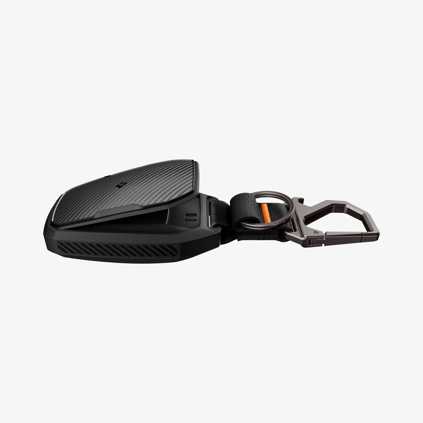 ACS11366 - Toyota Key Fob Cover | TK100 showing key fob cover side view with carbon fiber panel and carabiner keychain laid flat