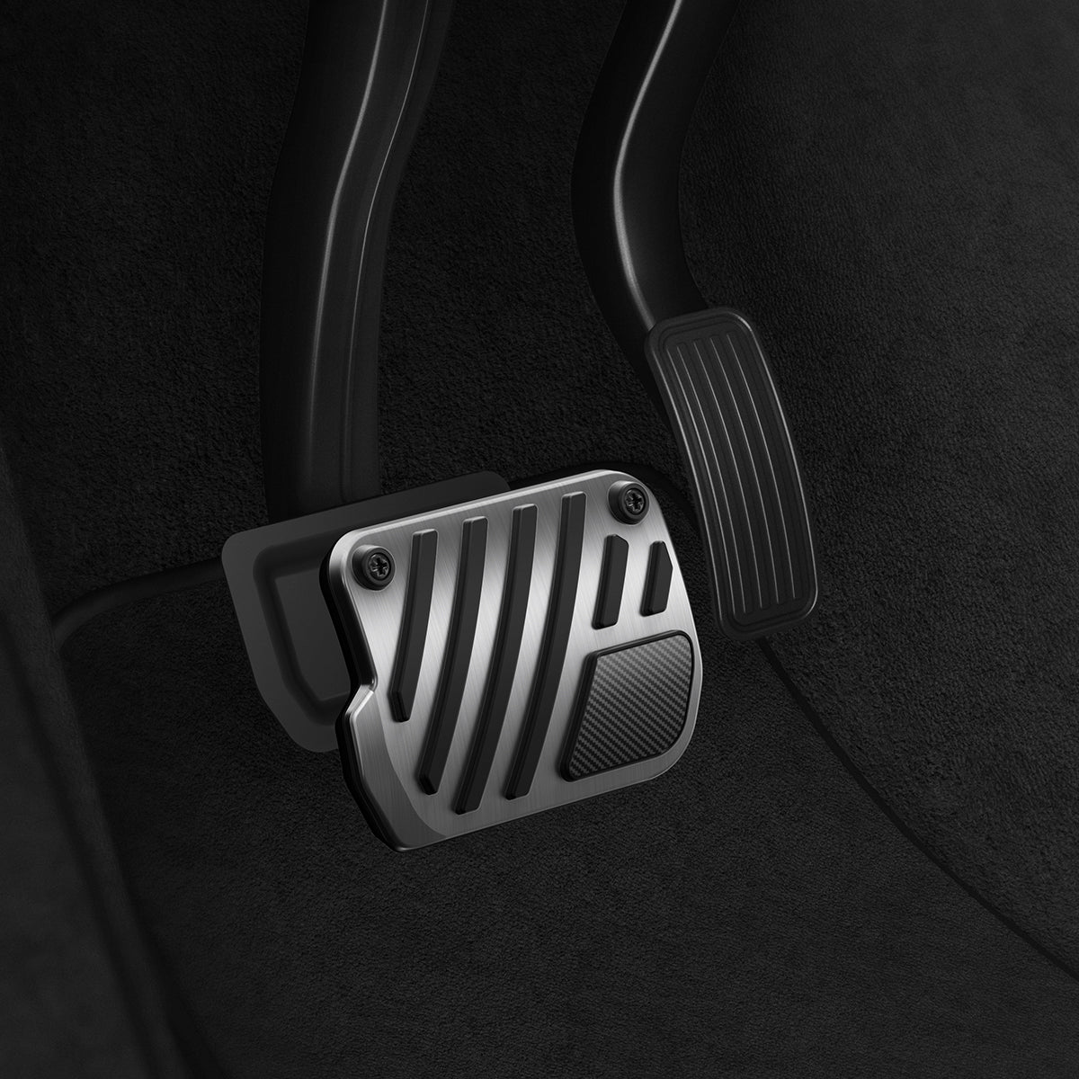 ACP11627 - Tesla Series - Pedal Covers Performance Line Design | TO200P showing Tesla Performance Line pedal covers installed for a sporty metallic interior upgrade