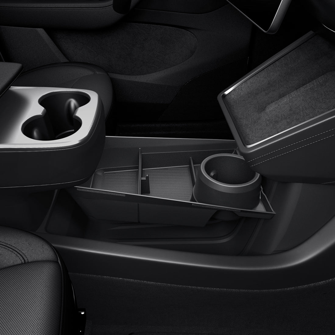 ACP11169 - Tesla Series - Center Console Organizer Lower Tray | TO220LYS in Black showing slide-out tray design with multiple compartments and integrated cup holder fitted beneath the center console armrest.