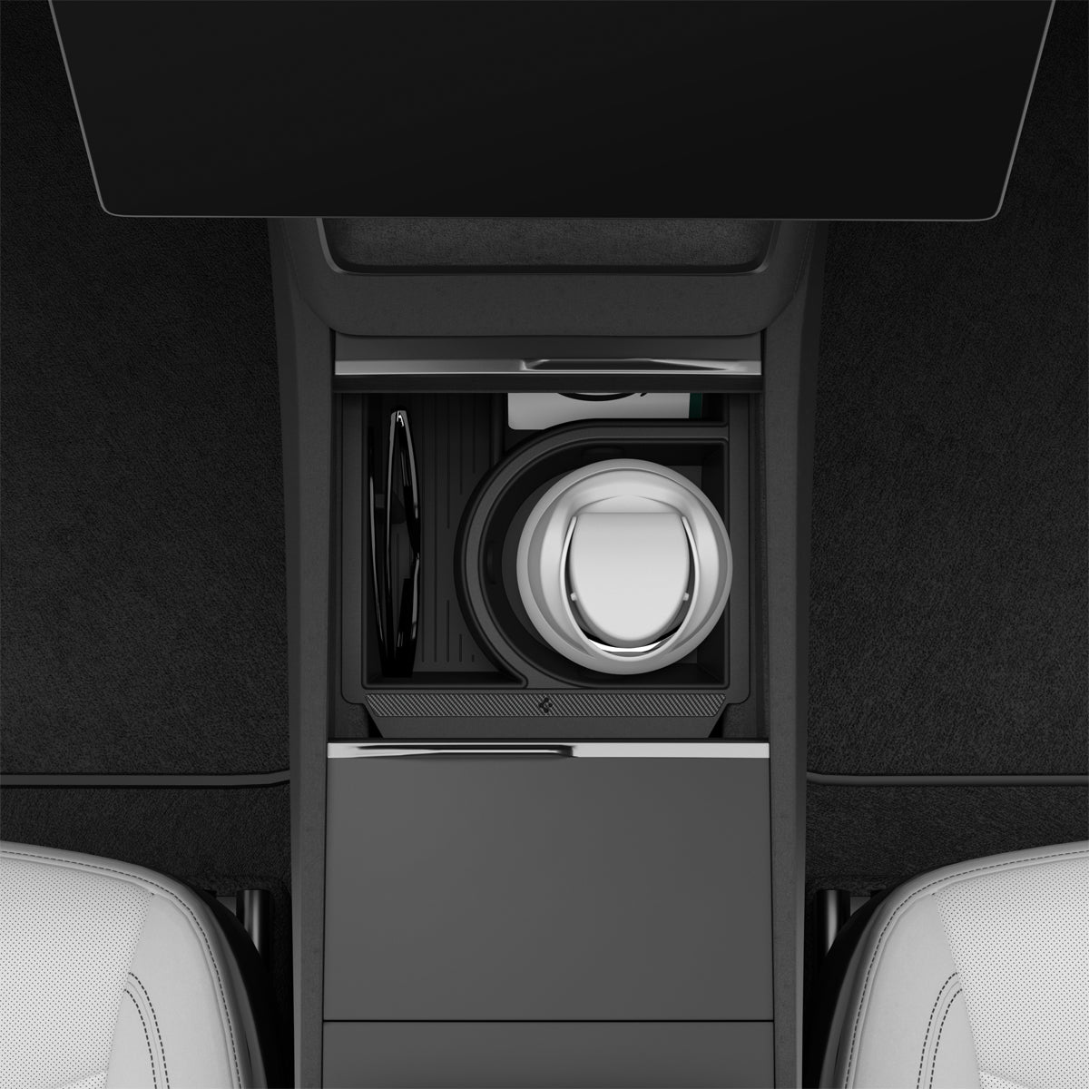 ACP10951 - Tesla Series - Sliding Console Organizer with Bottle Holder | TO220SC showing top view attached inside the console of car with water bottle inside