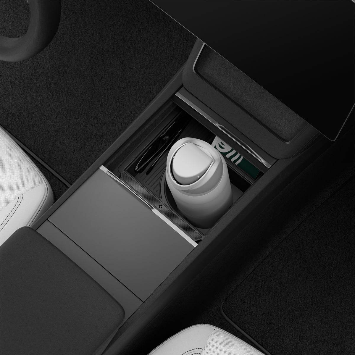 ACP10951 - Tesla Series - Sliding Console Organizer with Bottle Holder | TO220SC showing top view attached inside the console of car with water bottle inside