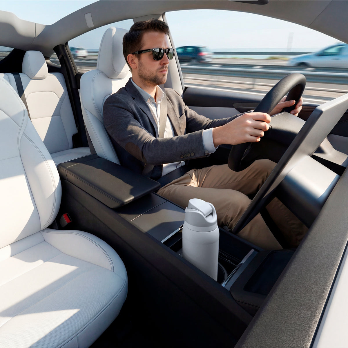 ACP10951 - Tesla Series - Sliding Console Organizer with Bottle Holder | TO220SC showing guy driving with organizer inside console