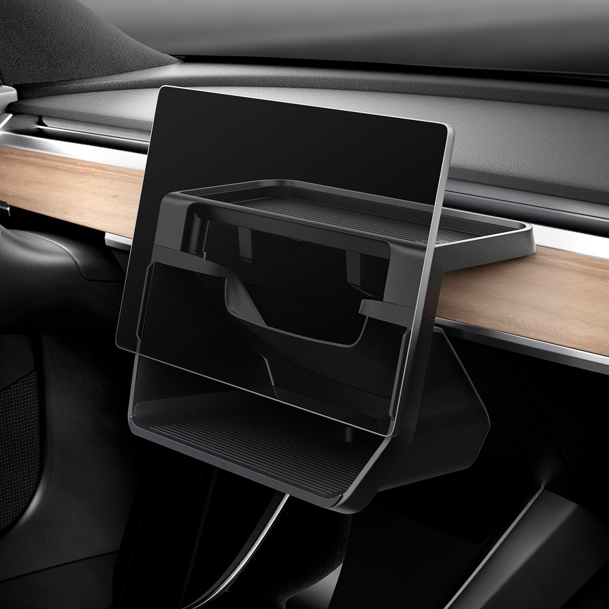 ACP07280 - Tesla Model Y & 3 Under Screen Organizer TO227 in Black showing the front and partial inner parts of the organizer with a device attached