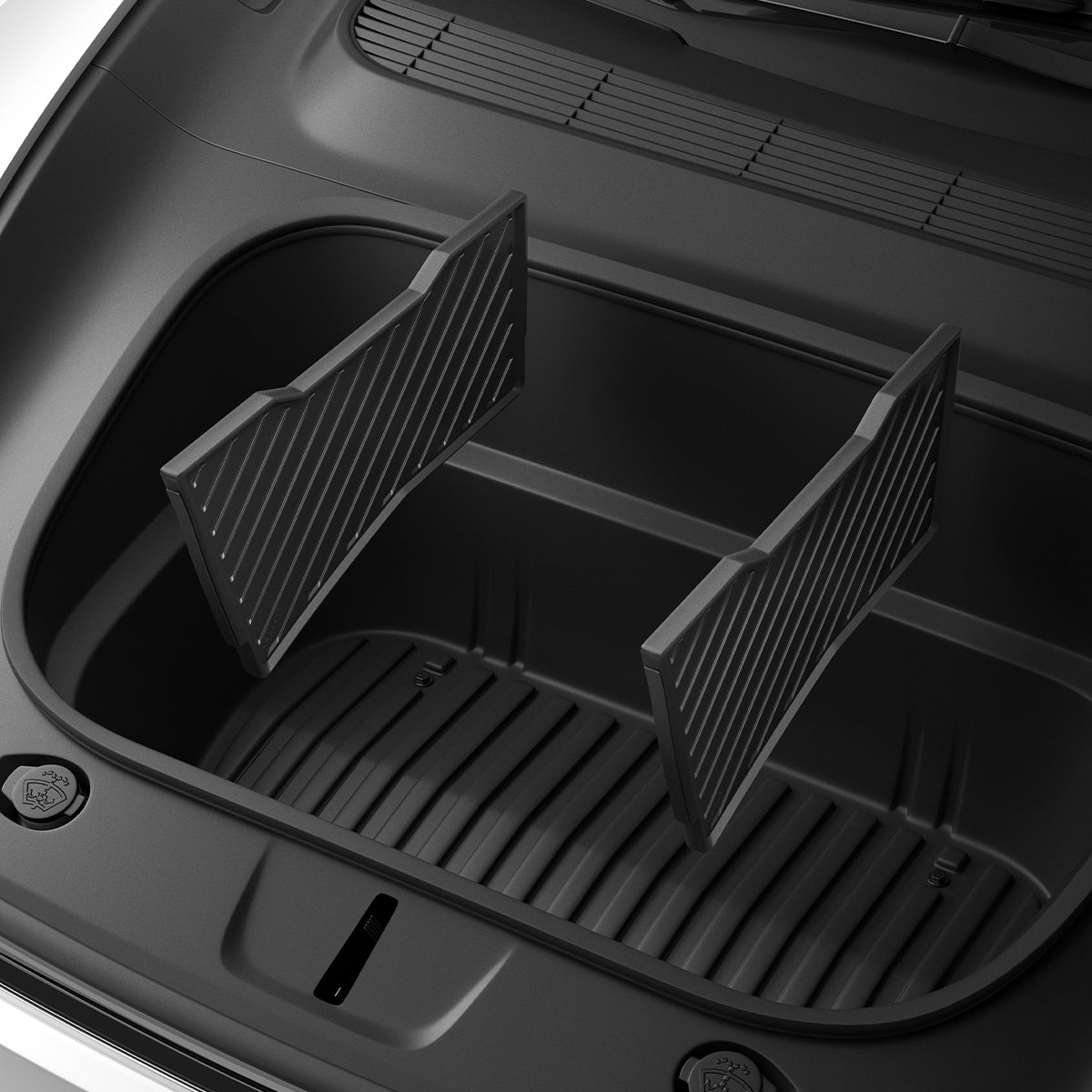 ACP10799 - Tesla Series Model Y Juniper (2025+) Frunk Divider | TO229J in Black installed inside front trunk showing dual panel compartment organization setup