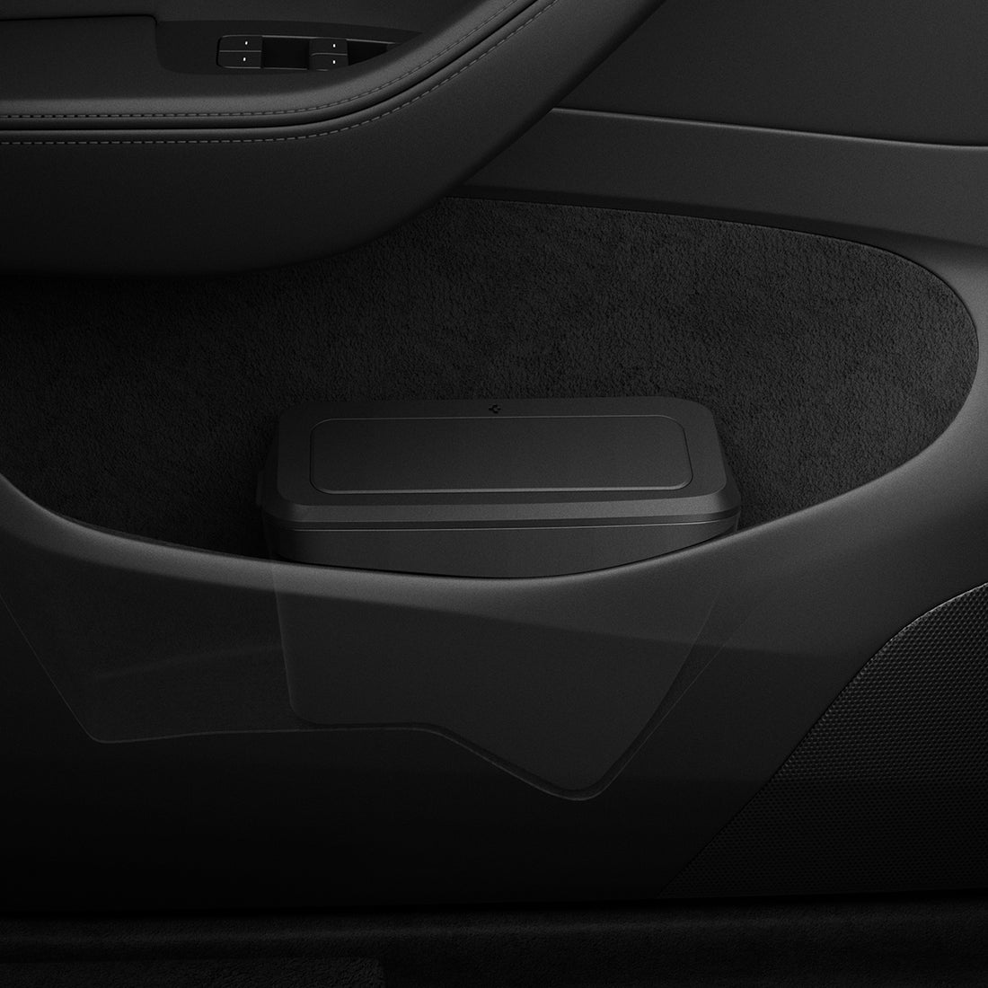 ACP11106 - Tesla Series - Car Trash Can | TO281J showing the compact trash can neatly installed inside the Tesla door storage pocket with a subtle transparent overlay highlighting its fit and placement.