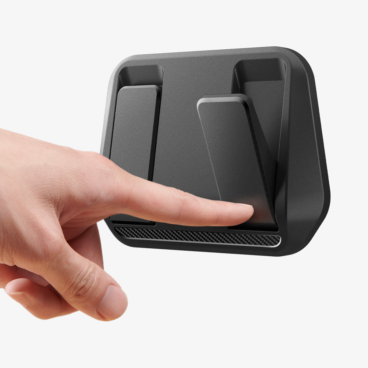 ACP11563 - Model Y Premium (2025+) in Black showing a hand pressing the foldable hook to demonstrate its easy push-to-open functionality.