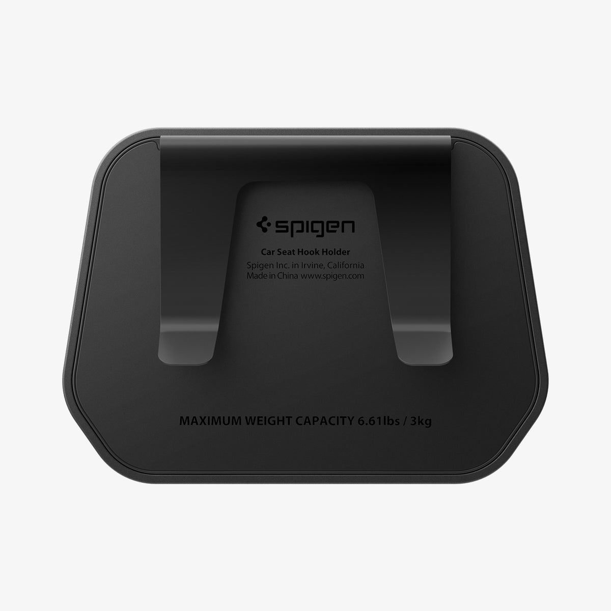 ACP11563 - Model Y Premium (2025+) in Black showing the back panel with Spigen branding and a maximum weight capacity of 6.6 lbs (3 kg).