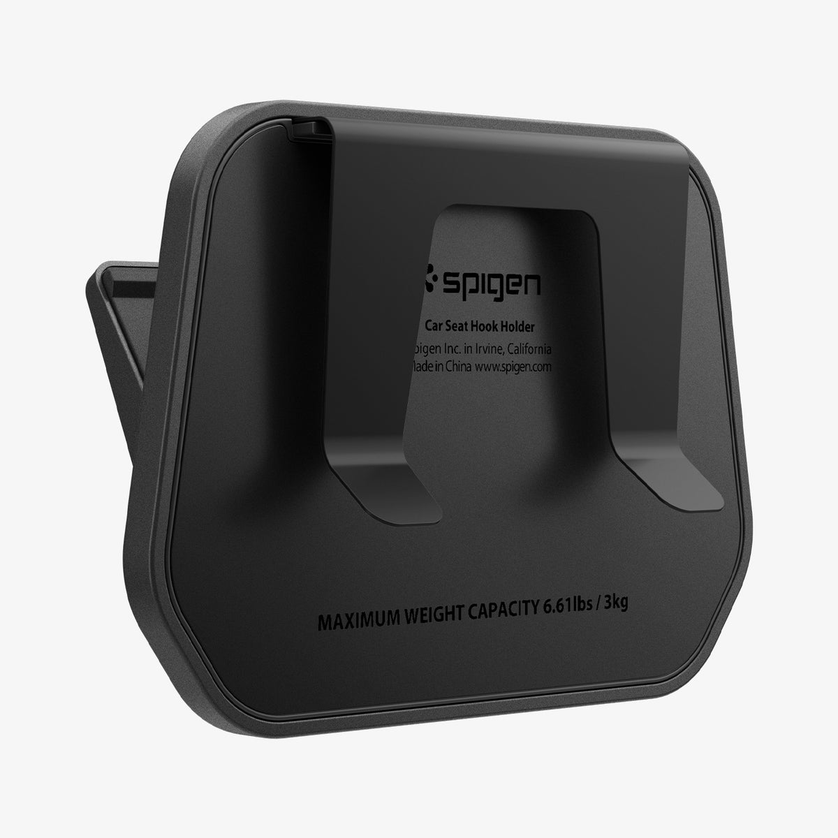 ACP11563 - Model Y Premium (2025+) in Black showing an angled rear view with Spigen branding and the foldable hook structure.