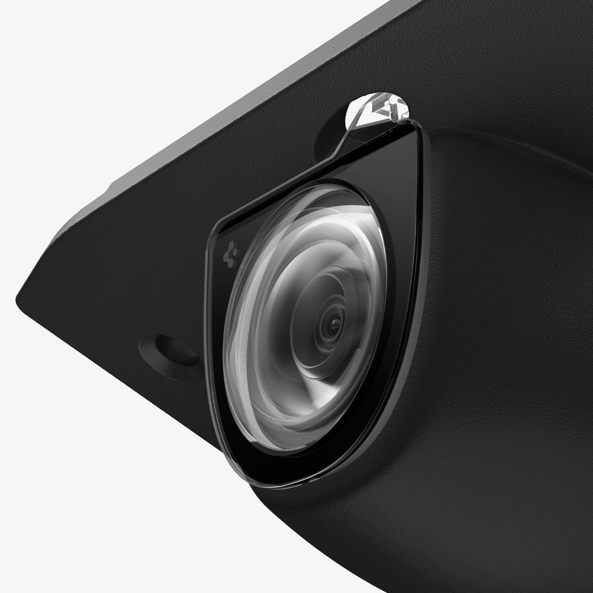 ACP11231 - Tesla Series - Front Camera Protector | TO331 showing a close-up of the camera lens with the transparent protective film partially peeled back during installation.