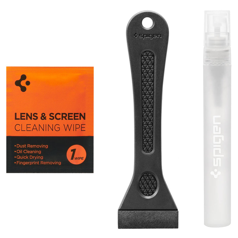 AFL07153 - Tesla Model Y & 3 Charging Port Protective Film in Transparency showing the front of lens and screen cleaning wipes, squeegee and a spray
