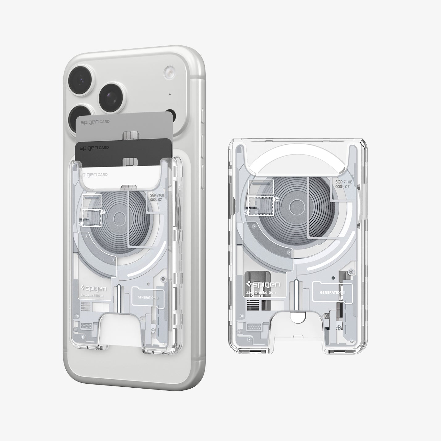 AFA11305 - Ultra Hybrid MagFit card wallet transparent white showing front view with cards inserted and detached wallet highlighting internal circuit inspired design and rear finger cutout