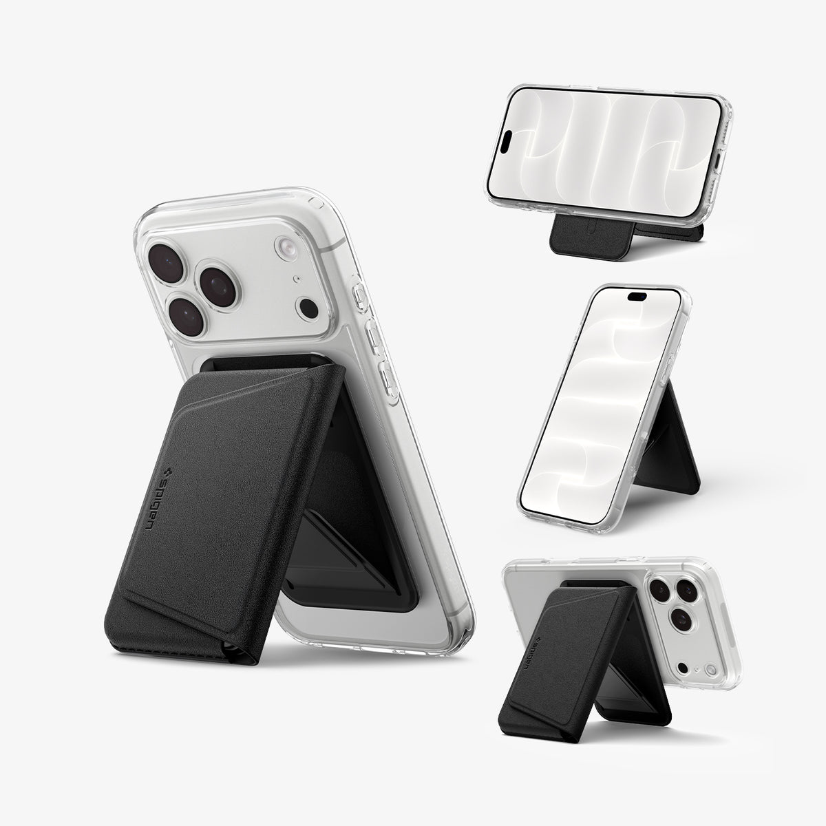AFA11978 - MagSafe Card Holder Valentinus S-2 (Mag Fit) in Black showing a foldable magnetic wallet attached to a phone in multiple portrait and landscape stand positions.