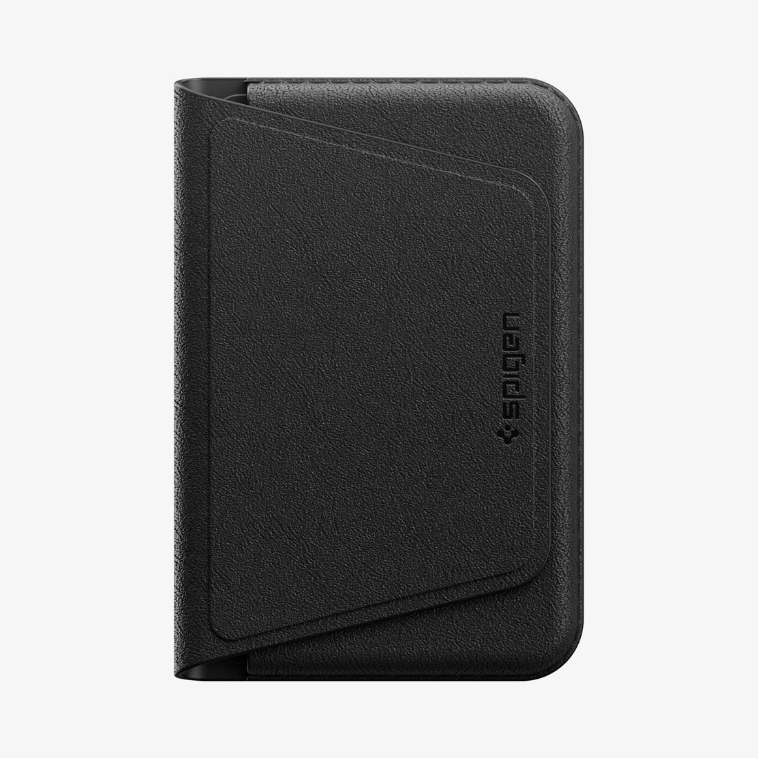 AFA11978 - MagSafe Card Holder Valentinus S-2 (Mag Fit) in Black showing the closed foldable wallet with a textured exterior, front card pocket, and Spigen logo.