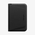 AFA11978 - MagSafe Card Holder Valentinus S-2 (Mag Fit) in Black showing the closed foldable wallet with a textured exterior, front card pocket, and Spigen logo.