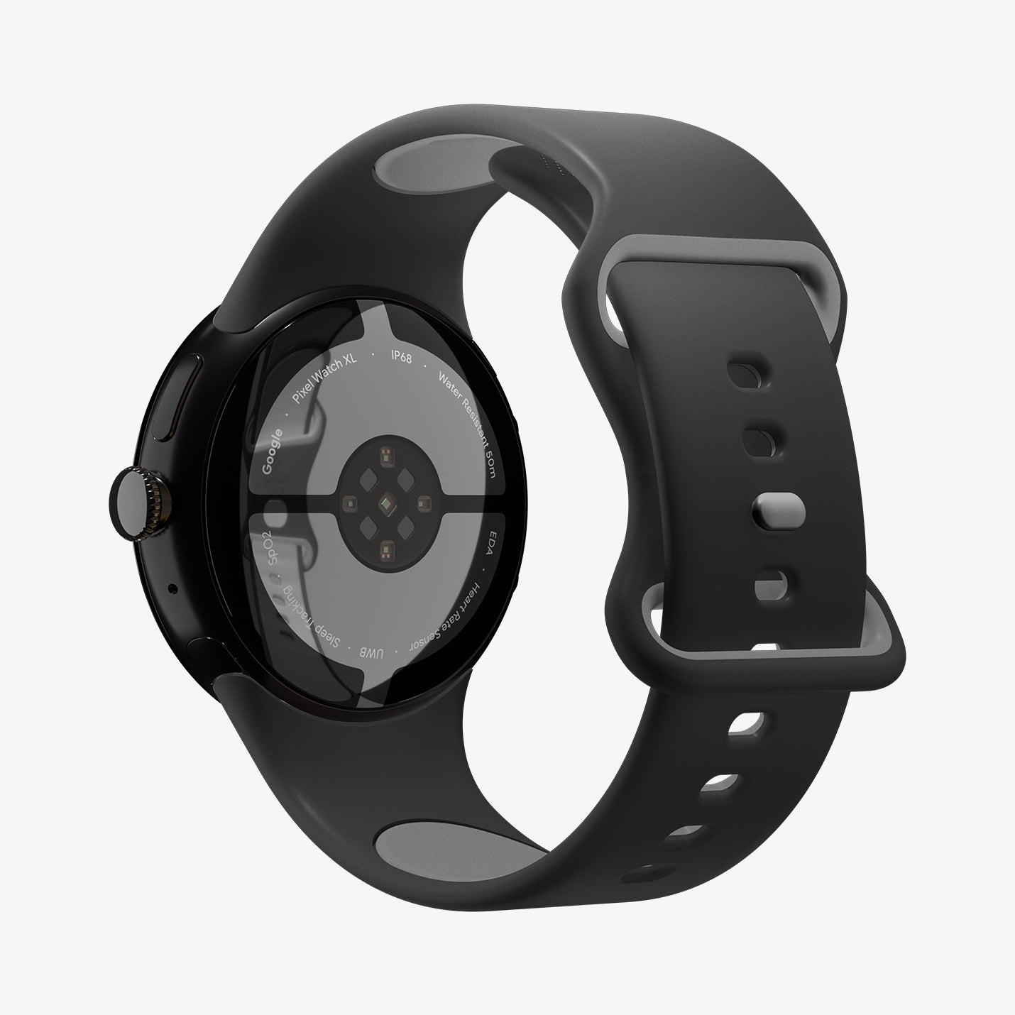 AMP09486 - Pixel Watch 5 (41mm) Nano Pop Black Sesame rear angled view showcasing the seamless fit and secure attachment to the watch.