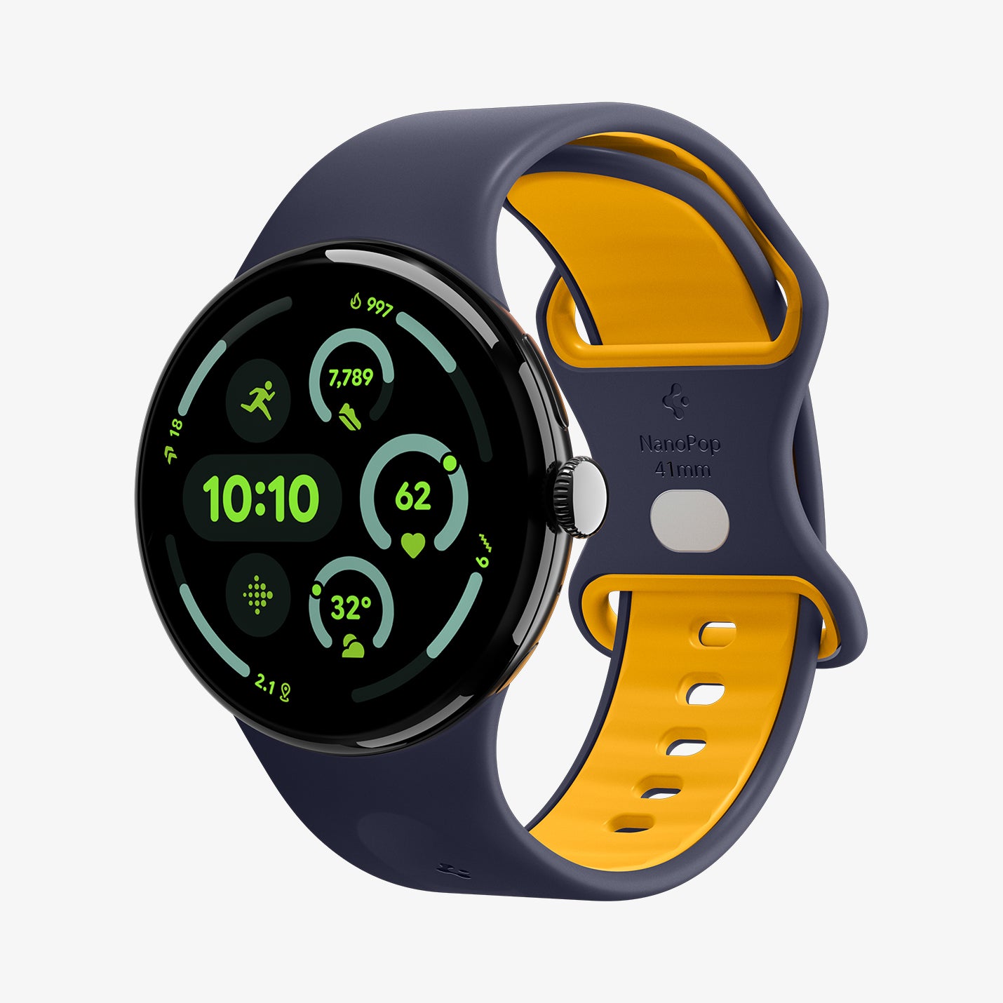 AMP09485 - Pixel Watch 4 (41mm) Nano Pop in Blueberry Navy showing the front and side