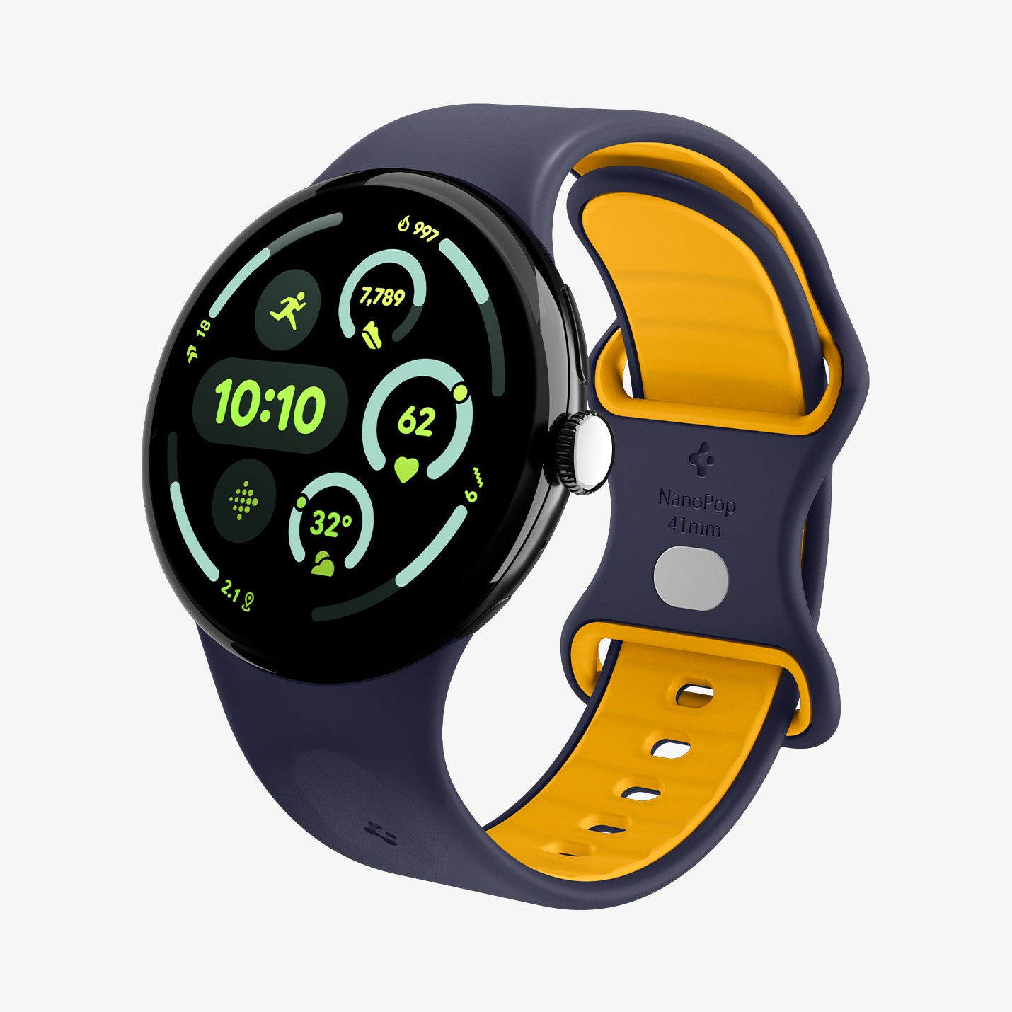 AMP09485 - Pixel Watch 4 (41mm) Nano Pop in Blueberry Navy showing the front and partial inside of band