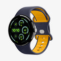 AMP09490 - Pixel Watch 5 (45mm) Nano Pop Blueberry Navy angled view highlighting the soft silicone construction and secure pin-and-tuck closure.