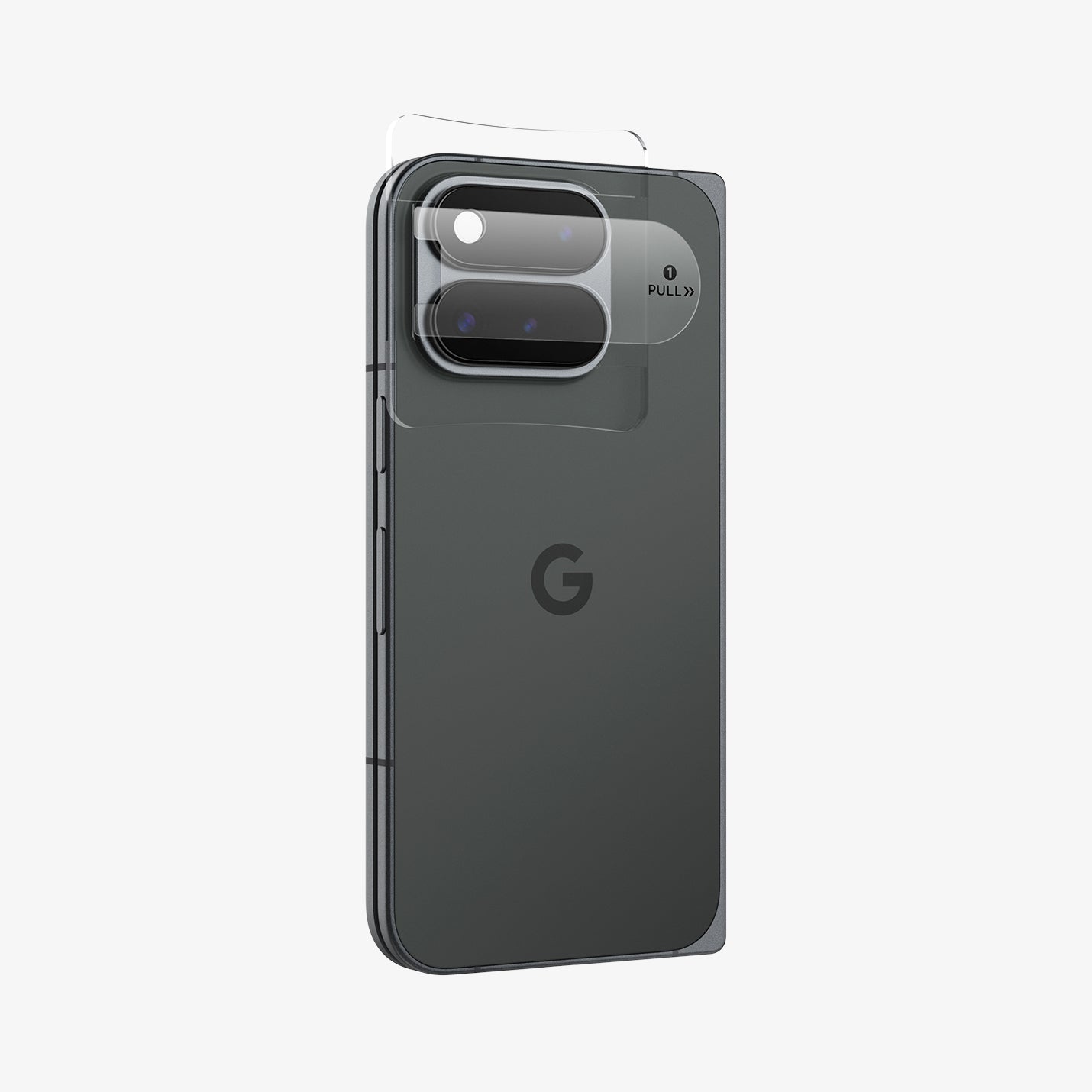 AGL11491 - Pixel 11 Pro Fold Optik EZ Fit Lens Protector alignment tray placed over the camera area for guided lens protector installation.