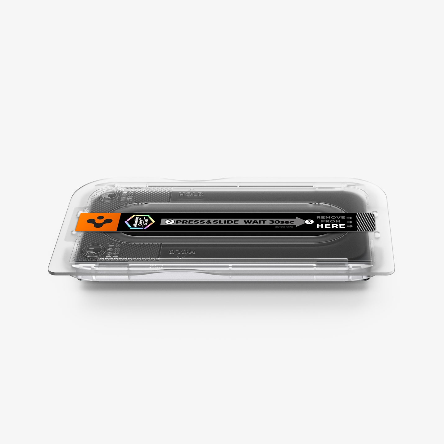 AGL11490 - Pixel 11 Pro Fold GLAS.tR EZ Fit Pro hand lowering the installation tray onto the phone with the dust removal tab extended for quick and precise screen protector installation.