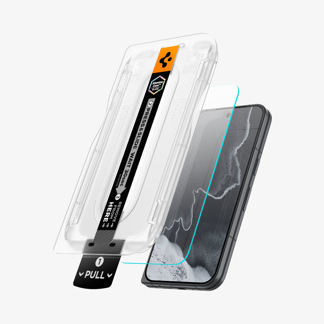 AGL11490 - Pixel 11 Pro Fold GLAS.tR EZ Fit Pro angled view of the installation tray with the screen protector positioned above the phone, highlighting the pull tab and alignment tray.