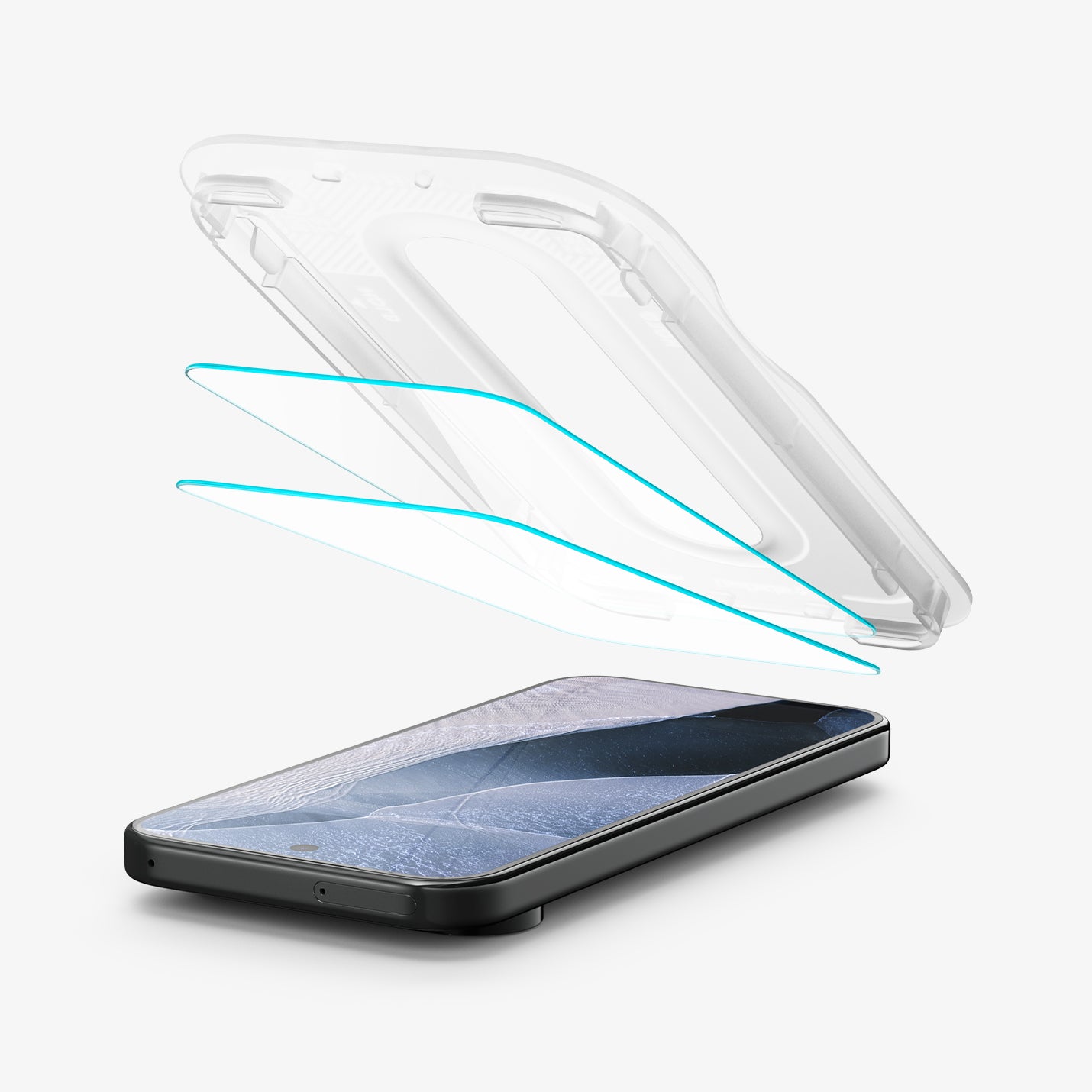 AGL11485 - Pixel 11 Pro XL GLAS.tR EZ Fit Pro exploded view of the installation tray, screen protector, and phone showing the built-in alignment system for easy application.