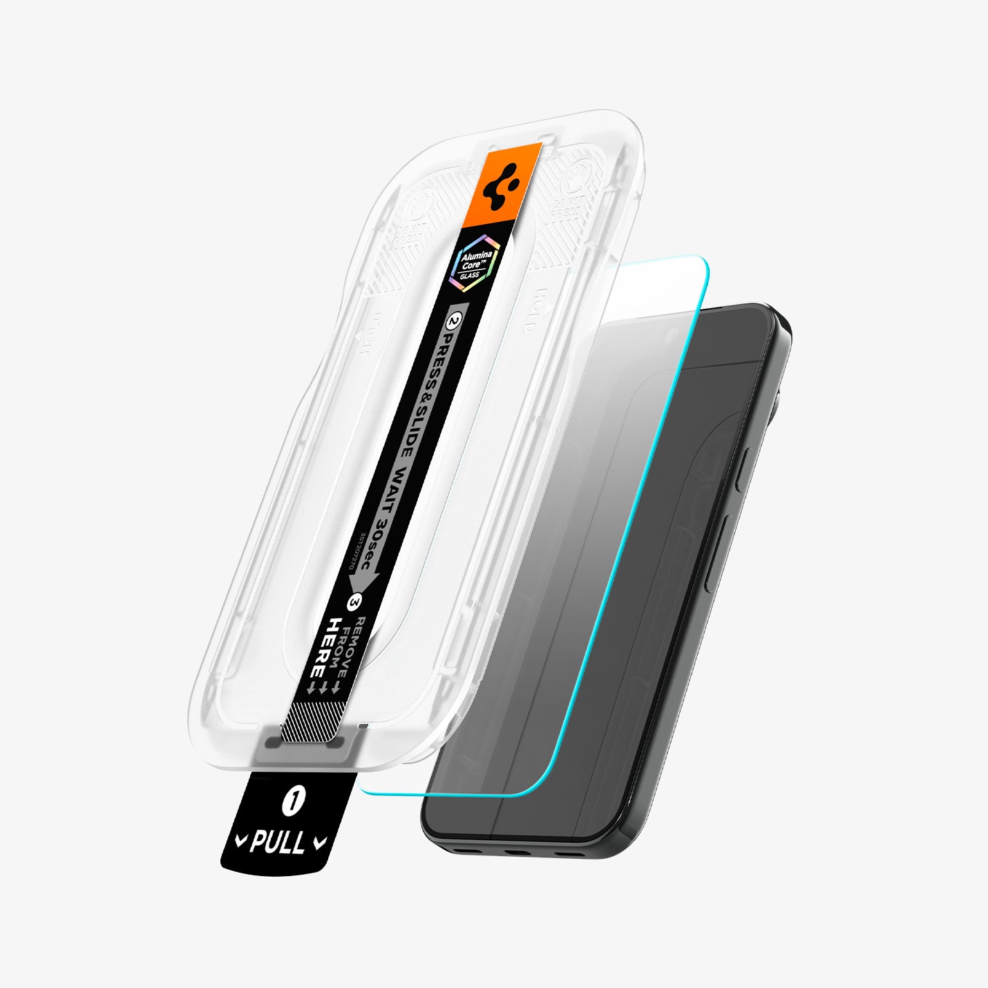 AGL11485 - Pixel 11 Pro XL GLAS.tR EZ Fit Pro angled view of the installation tray with the screen protector positioned above the phone, highlighting the pull tab and alignment tray.