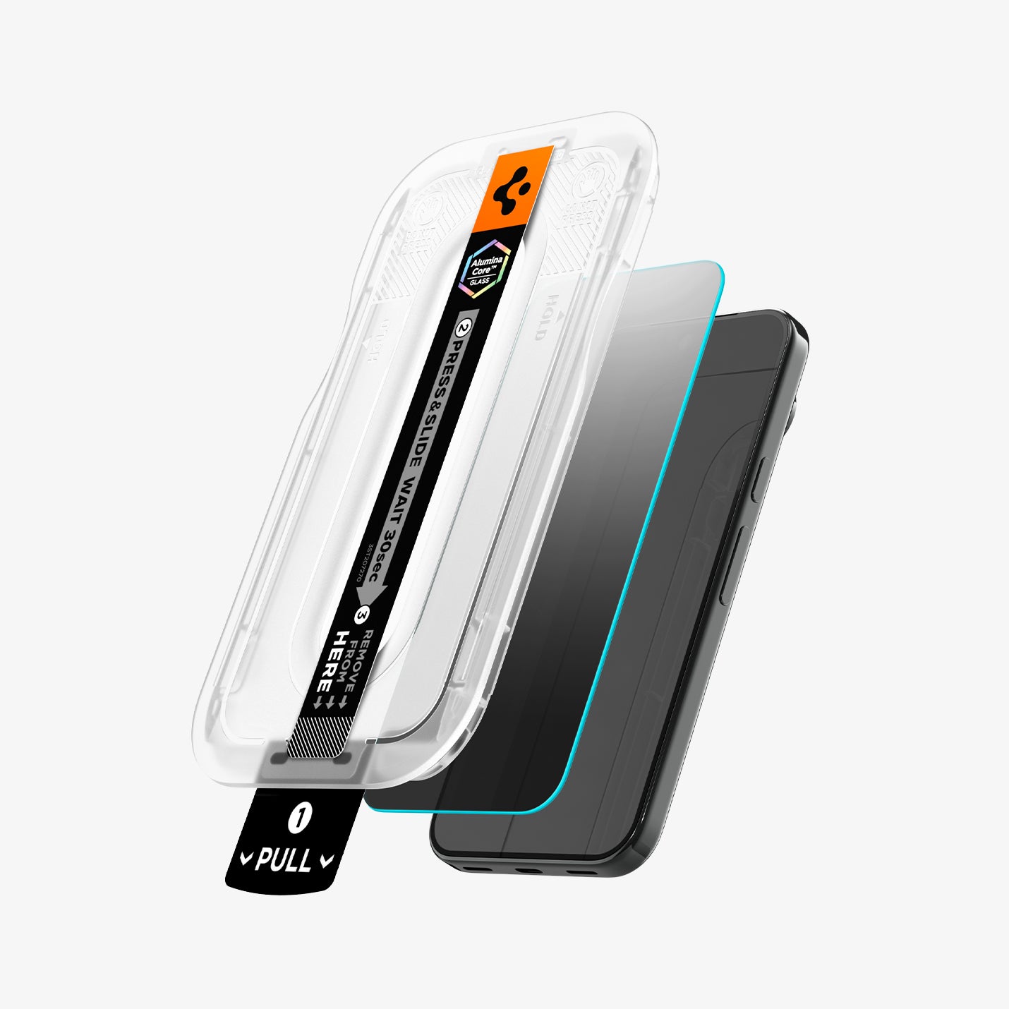 AGL11486 - Pixel 11 Pro XL GLAS.tR EZ Fit | Privacy angled view of the EZ Fit tray with privacy glass protector ready for installation.