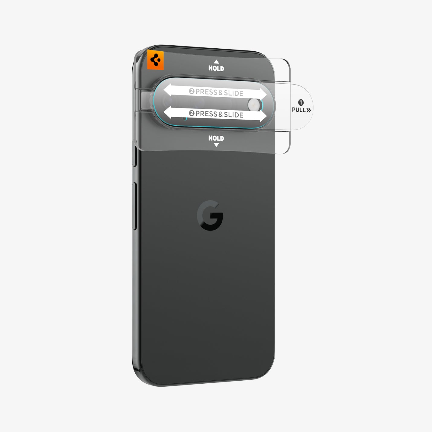 AGL11489 - Pixel 11 Pro XL Optik EZ Fit Lens Protector protective film being pulled from the alignment tray during lens protector installation.