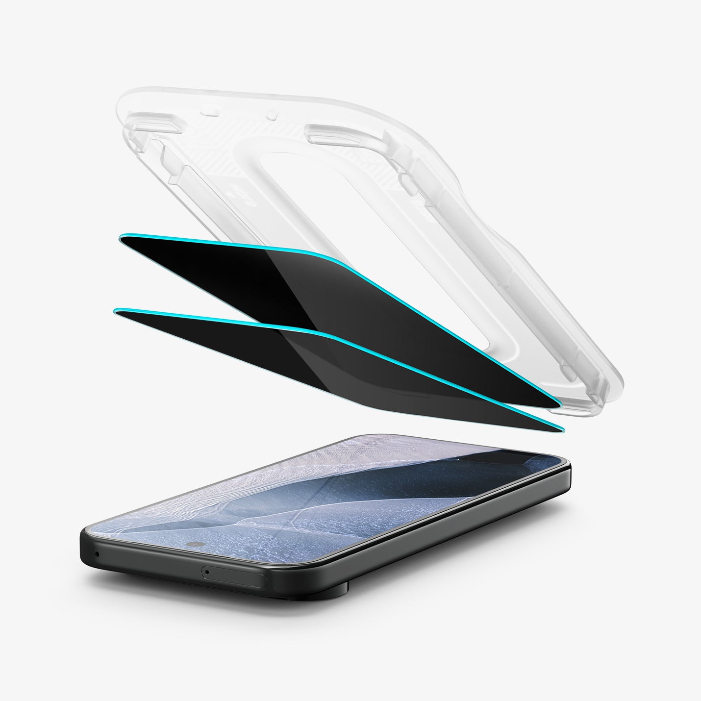 AGL11481 - Pixel 11 Pro  GLAS.tR EZ Fit | Privacy exploded view showing the installation tray, privacy glass protectors, and phone
