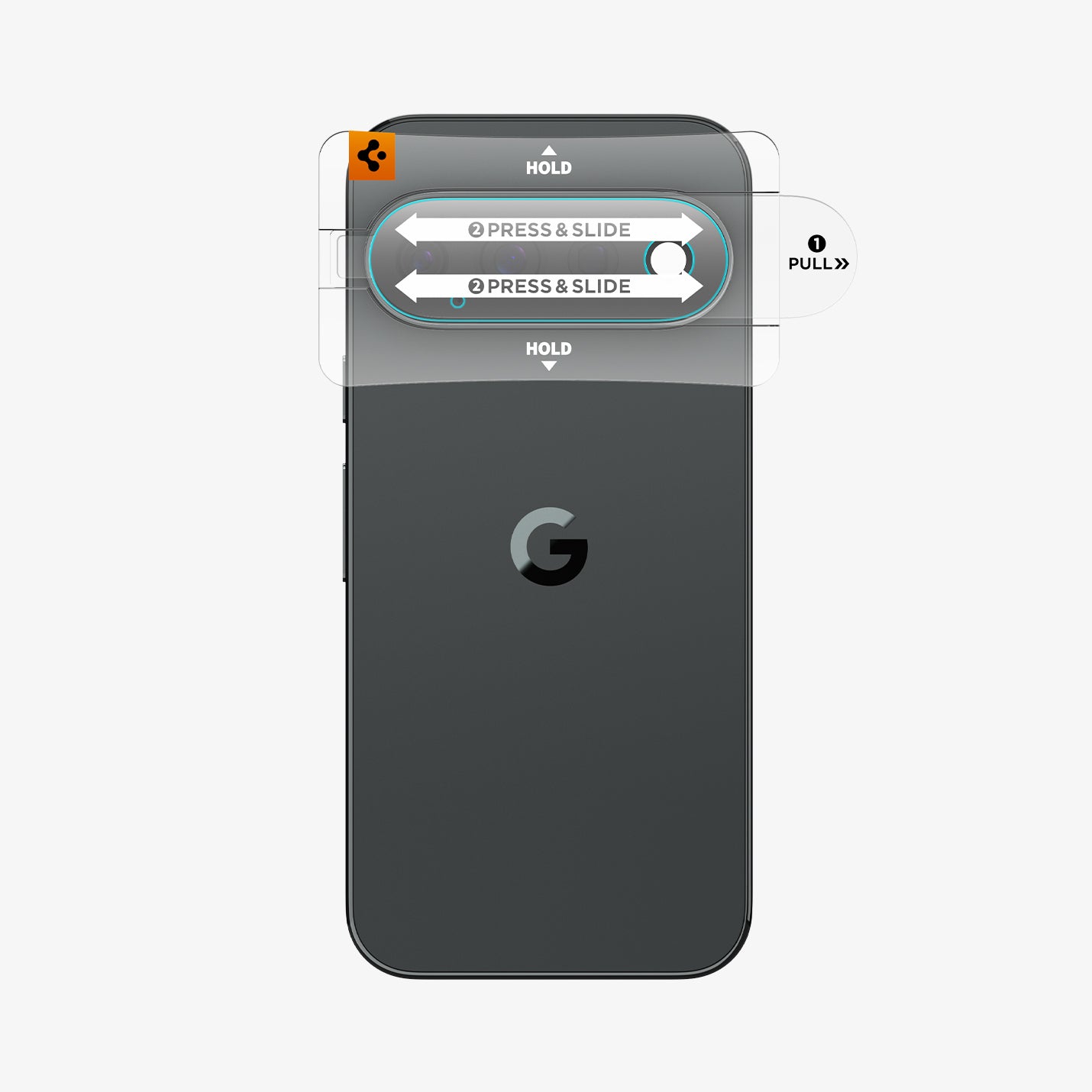 AGL11484 - Pixel 11 Pro  Optik EZ Fit Lens Protector alignment tray placed over the camera area for guided lens protector installation.