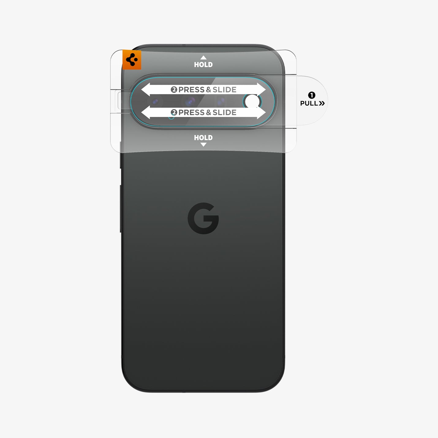 AGL11479 - Pixel 11 Optik EZ Fit Lens Protector alignment tray placed over the camera area for guided lens protector installation.