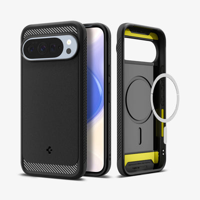 ACS09721 - Pixel 10 Pro XL Case Rugged Armor (MagFit) in black showing the back, front and inside