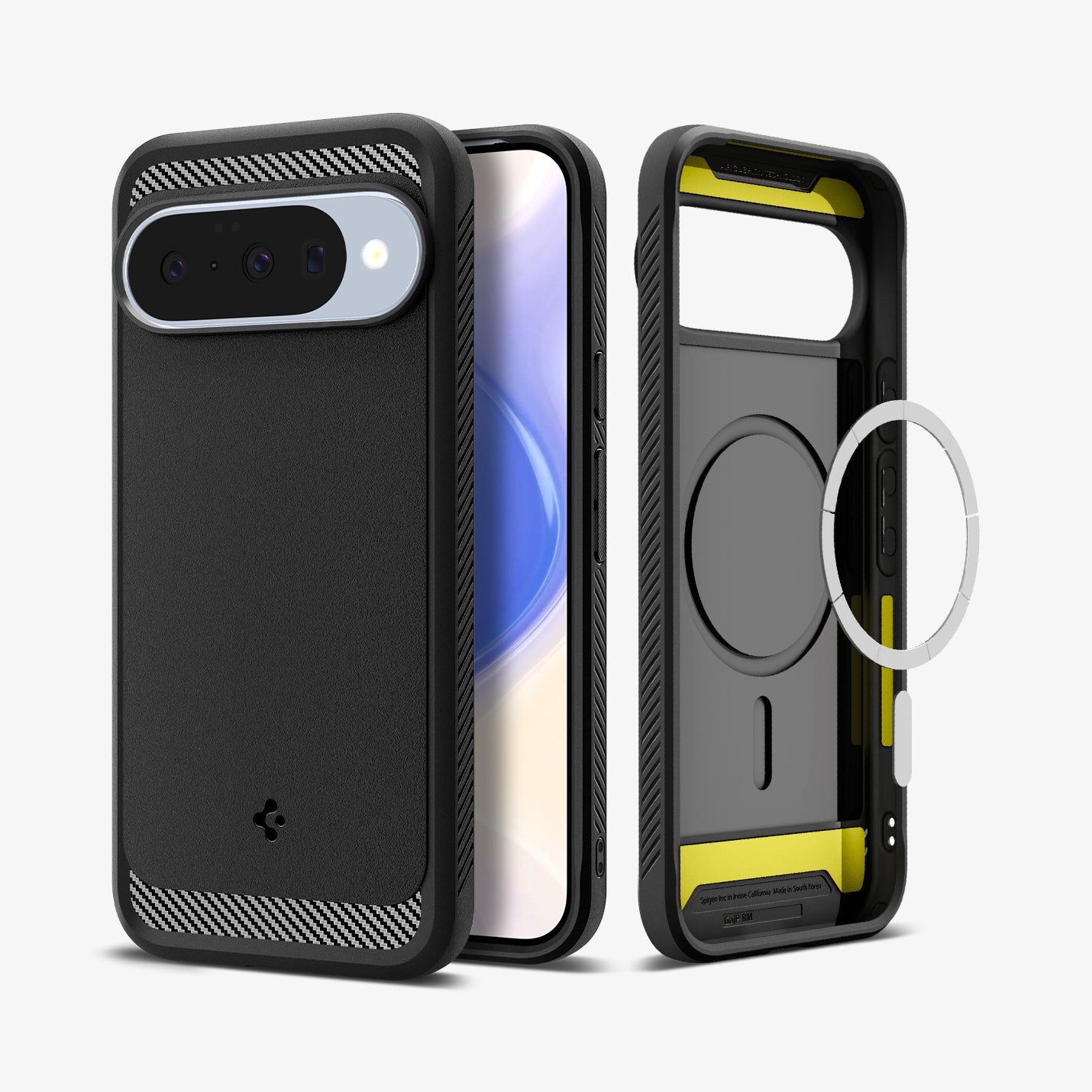 ACS09698 - Pixel 10 / Pixel 10 Pro Case Rugged Armor (MagFit) in black showing the back, front and inside