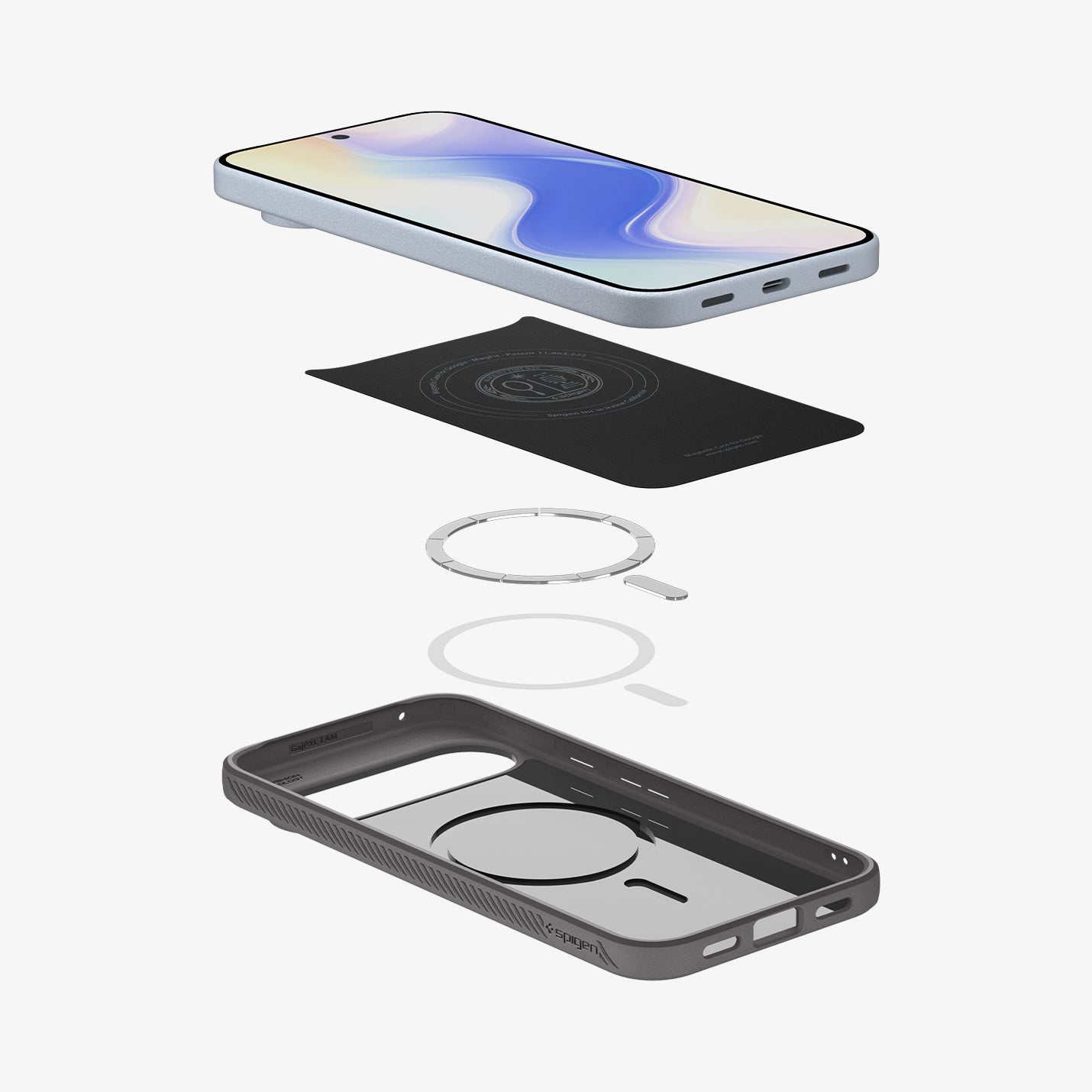 ACS09697 - Pixel 10 Pro Case Liquid Air (MagFit) in marble gray showing the multiple layers of case hovering below the device