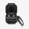 ACS11202 - Galaxy Buds 4 Series - Lock Fit in Matte Black showing the front with top open with carabiner and earbuds inside