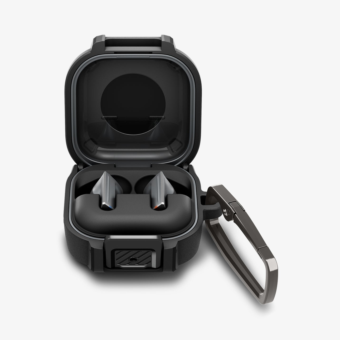 ACS11202 - Galaxy Buds 4 Series - Lock Fit in Matte Black showing the front with top open with carabiner and earbuds inside
