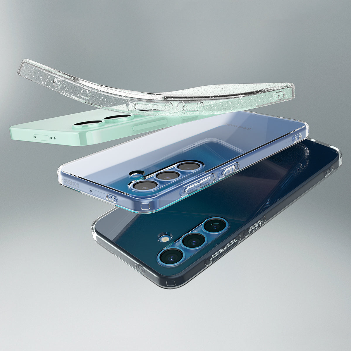 ACS08975 - Galaxy S25 Plus Case Liquid Crystal in Space Crystal showing the partial back, partial front and sides back case cover partially peeled off from the device