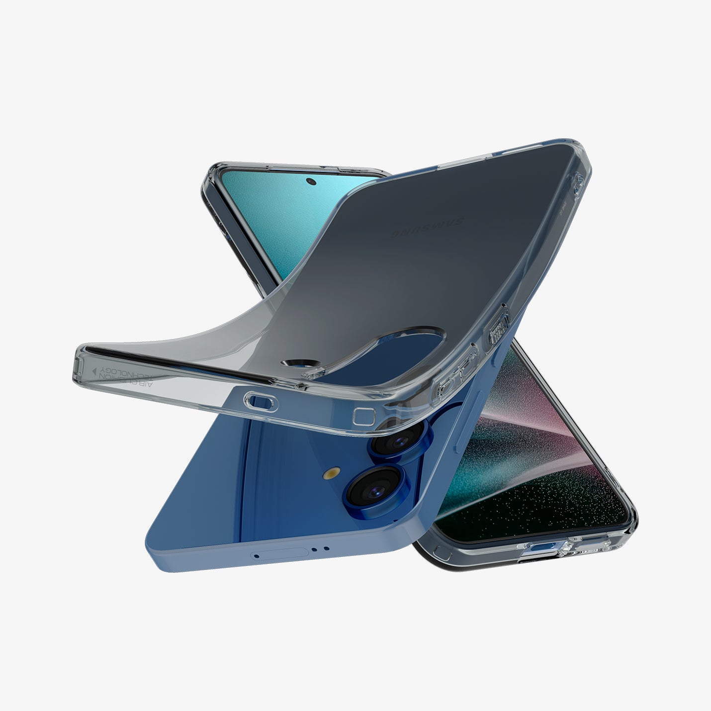 ACS08975 - Galaxy S25 Plus Case Liquid Crystal in Space Crystal showing the back, partial front and sides with back case partially peeled off from the device