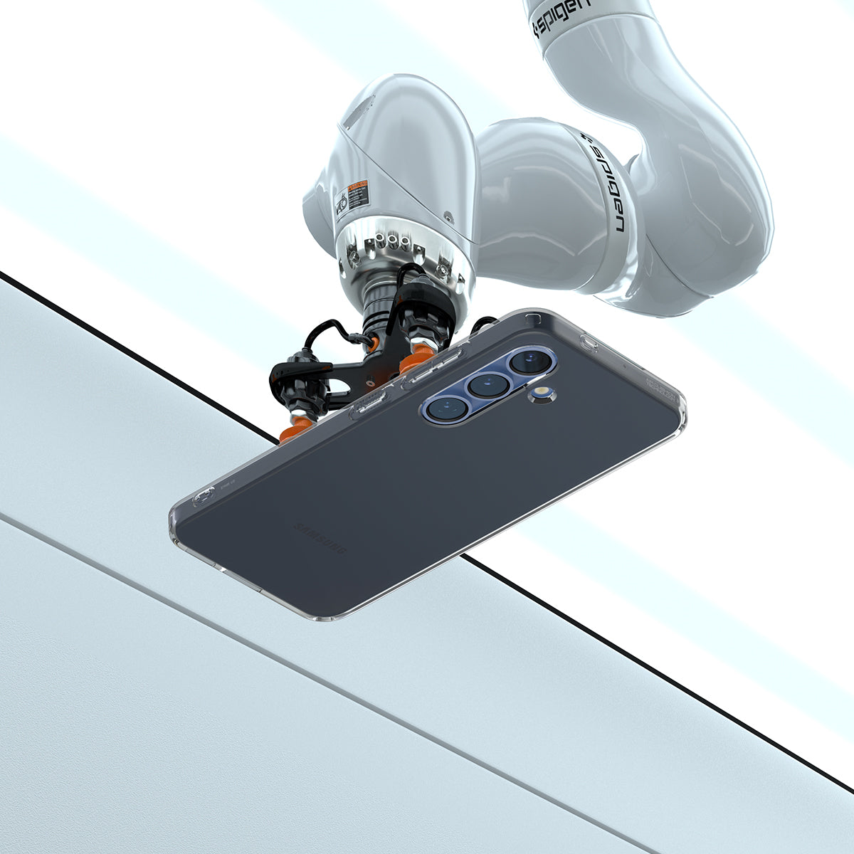 ACS08975 - Galaxy S25 Plus Case Liquid Crystal in Space Crystal showing the back, partial side and top with a robot sitting on top of the device