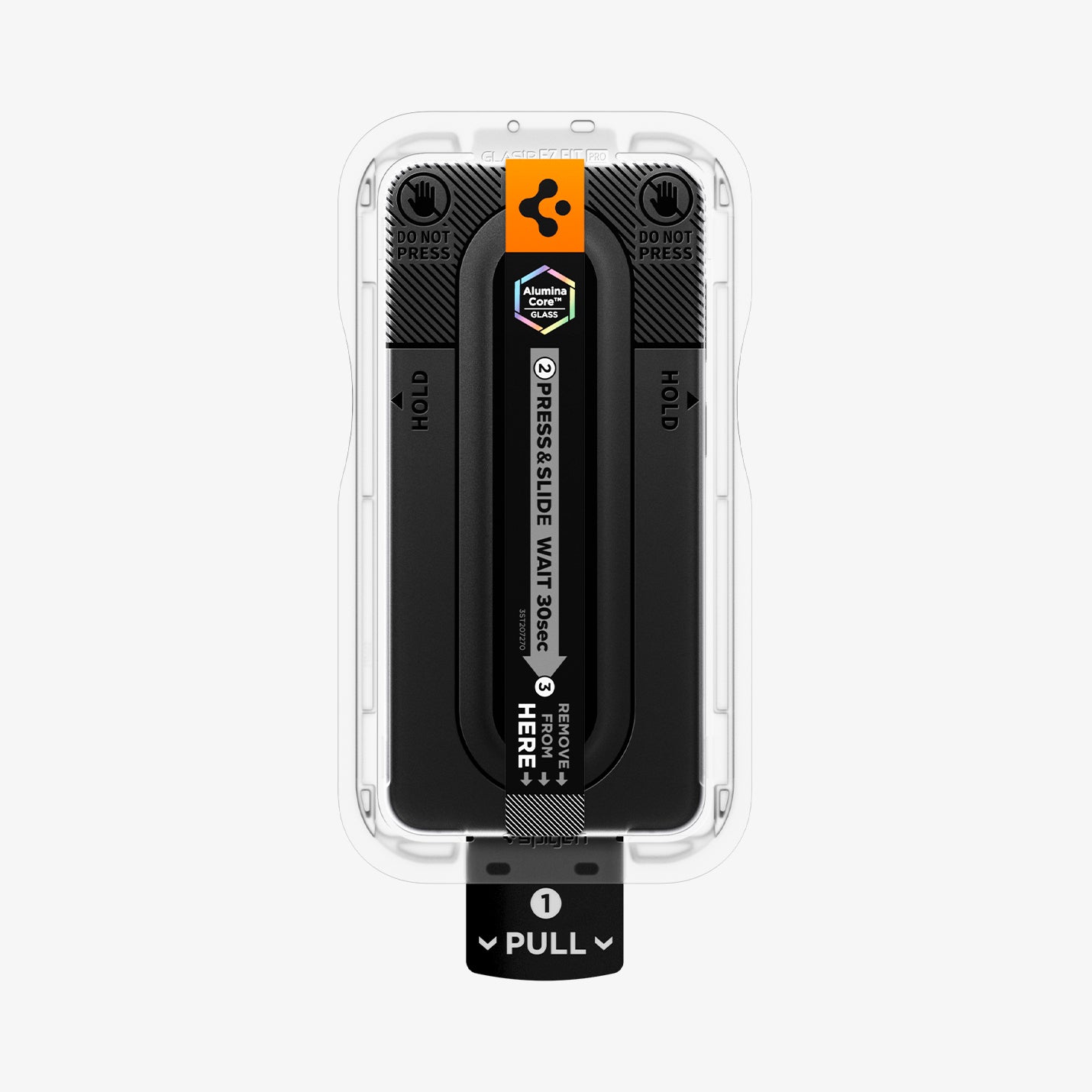 AGL11810 - Galaxy S26 FE GLAS.tR EZ Fit Pro showing GLAS.tR EZ Fit Pro installation tray with labeled pull, hold, press, and slide instructions