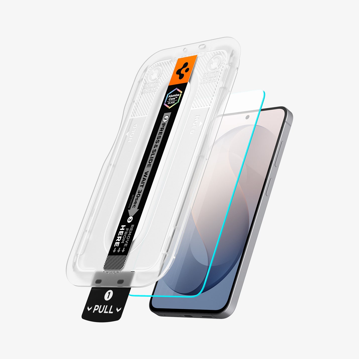 AGL11810 - Galaxy S26 FE GLAS.tR EZ Fit Pro showing GLAS.tR EZ Fit Pro installation tray and glass screen protector aligned above a smartphone