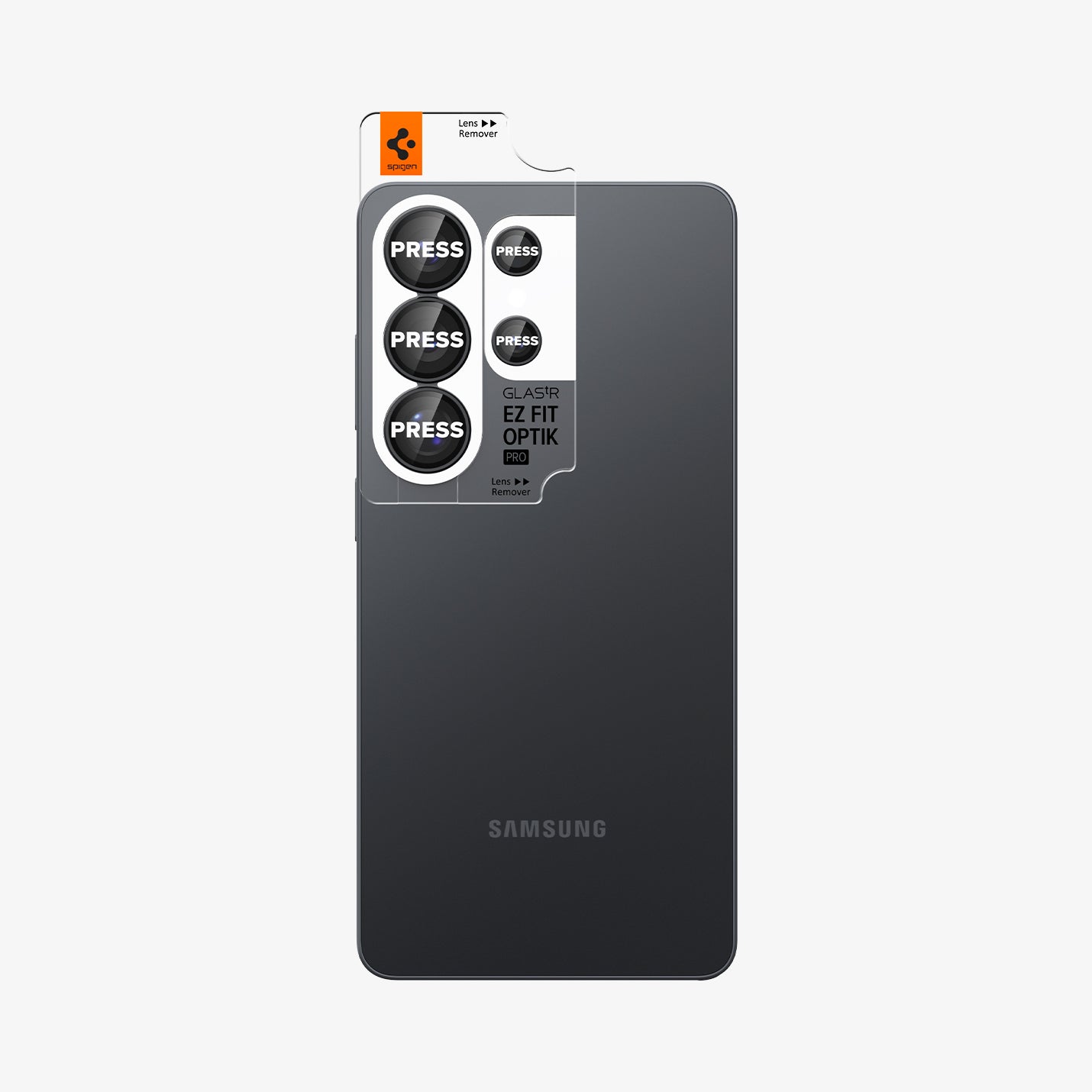 AGL11071 - Galaxy S26 Ultra Optik EZ Fit Lens Pro Protector showing the lens protector tray with lens protector attached to the device