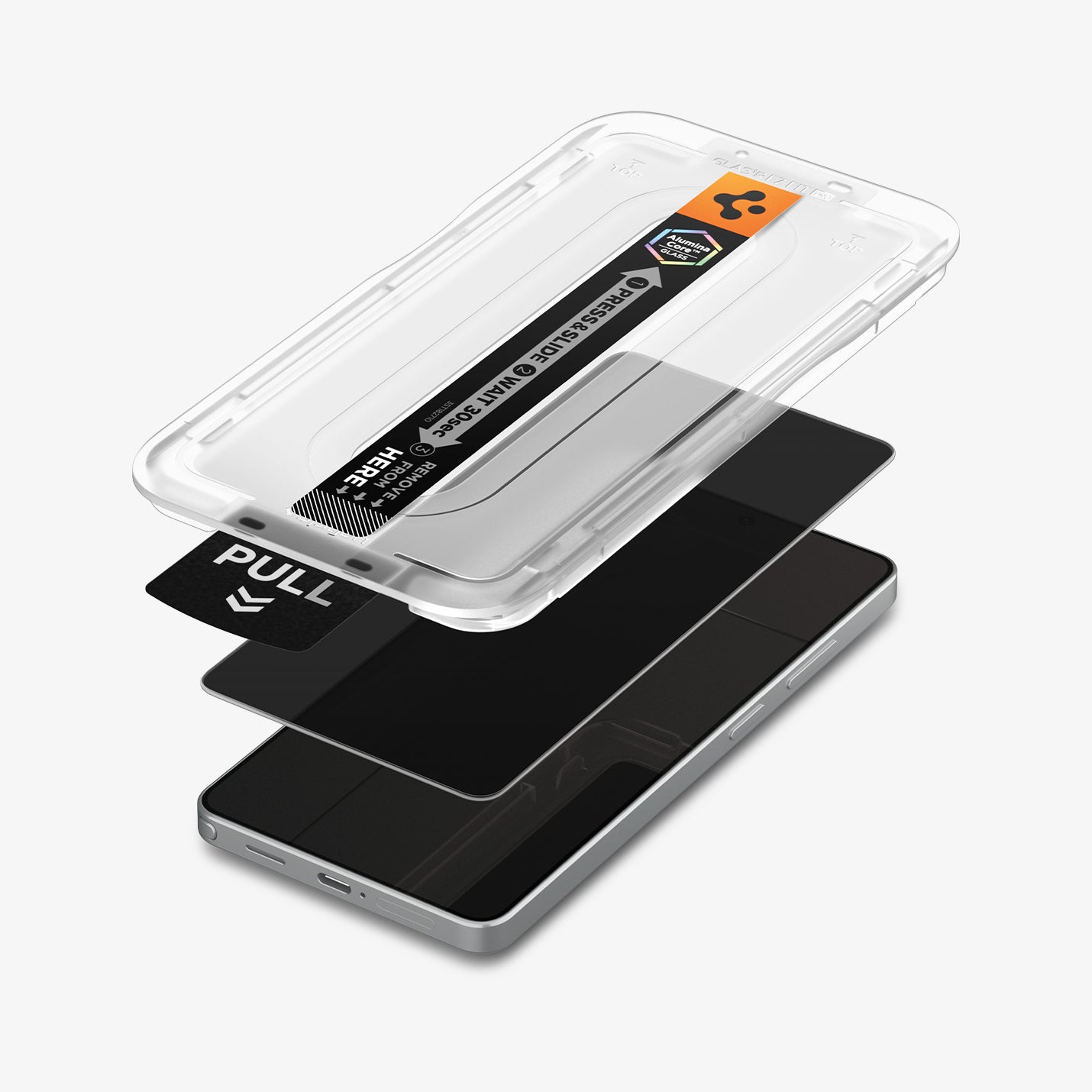 AGL11070 - Galaxy S26 Ultra GLAS.tR EZ Fit Pro | Privacy showing the installation tray hovering the phone