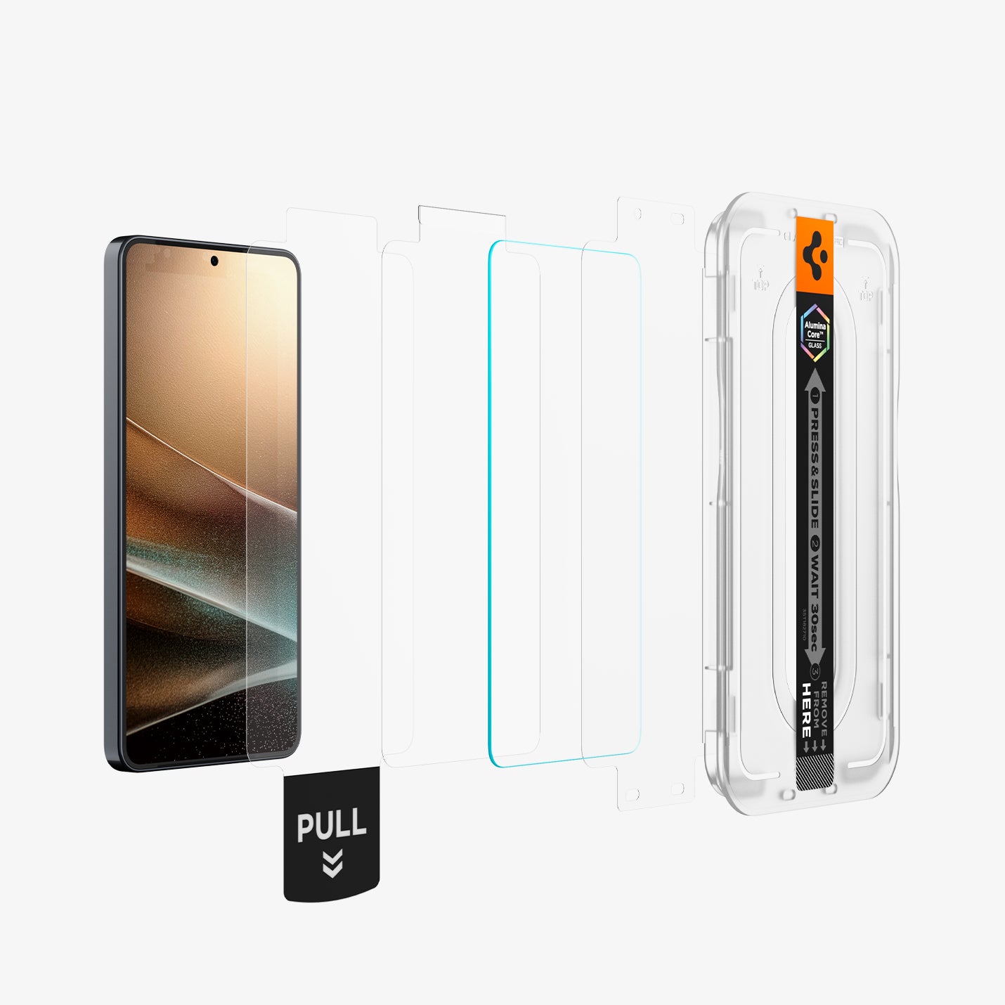 AGL11079 - Galaxy S26 Plus GLAS.tR EZ Fit Pro showing the installation tray hovering in front of a screen film screen, screen protector and the device