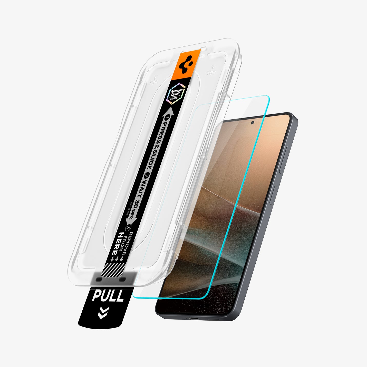 AGL11079 - Galaxy S26 Plus GLAS.tR EZ Fit Pro showing the installation tray partially hovering above the screen protector and the device