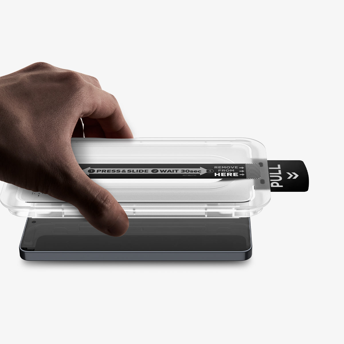 AGL11079 - Galaxy S26 Plus GLAS.tR EZ Fit Pro showing the installation tray with hovering hand